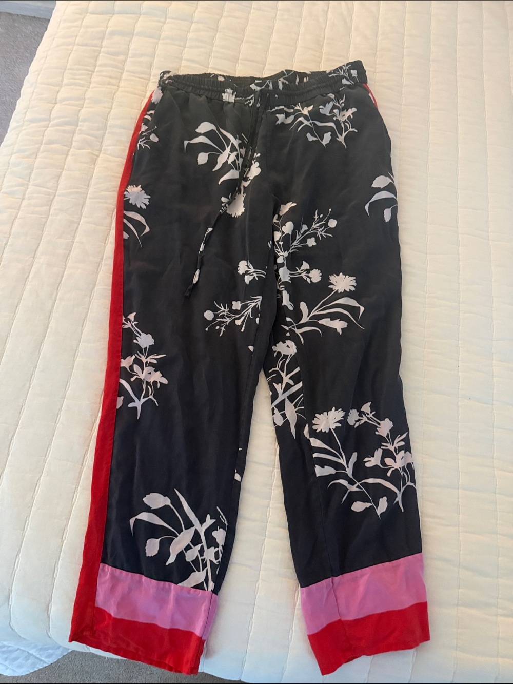 Joie Silk Jogger Pants - Black Floral with Pink & Red Trim - Picture 1 of 5